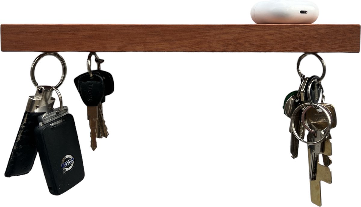 HangKey Plankie XL Sapelli - Wandplank Sleutelrekje van Massief Sapelli hout - Sleutelkastje voor Binnen - Houten Sleutelhouder en Organizer - 29,5 x 7 x 2,4 cm