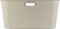 Beige wasmand met handgrepen en een ruitenpatroon.