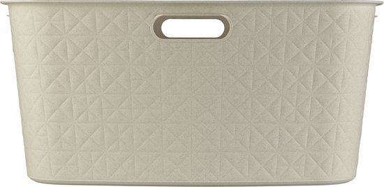 Beige wasmand met handgrepen en een ruitenpatroon.