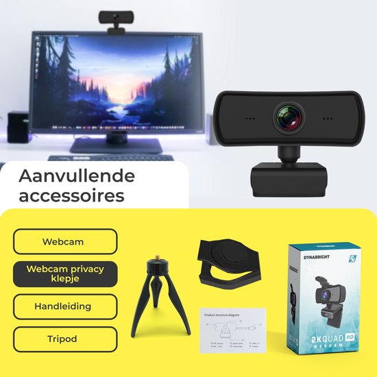 DynaBright Webcam met Ruisvrije Microfoon - Webcam Cover en Tripod - HD Pro Webcam - 4MP - 2560x1440 - Webcam voor PC - Webcam voor Computer