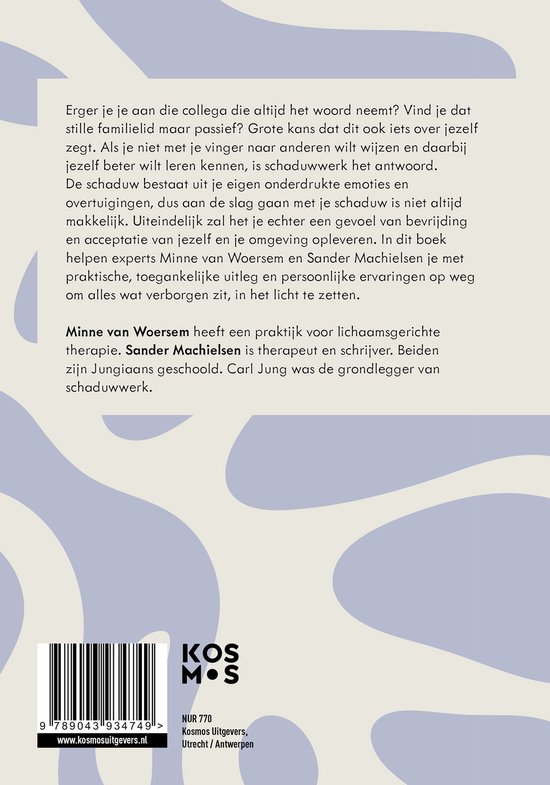 Achterkant boek 'Schaduwwerk voor beginners' met witte tekst op lichtpaarse en beige achtergrond.
