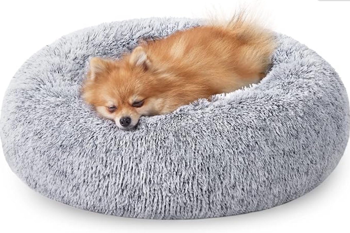 Hoppa! hondenbed, donut kattenbed, pluizig, kalmerend huisdierbed met afneembare, wasbare hoes, zacht lang pluche, 60 cm, grijs