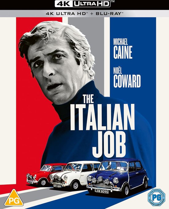 Voorzijde van de "The Italian Job" 4K UHD + Blu-ray boxset met Michael Caine en drie Mini Coopers.