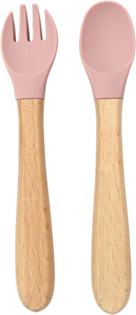 Goedkoopste Besteksetje (Poeder Roze) – Lepel & Vork – Siliconen - Hout - Baby - Vanaf 6 maanden