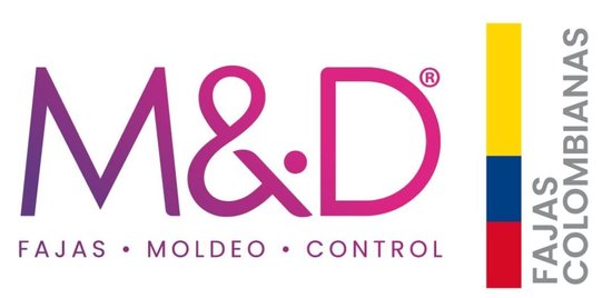 M&D logo met paarse en roze letters en de Colombiaanse vlag. Fajas Colombianas.