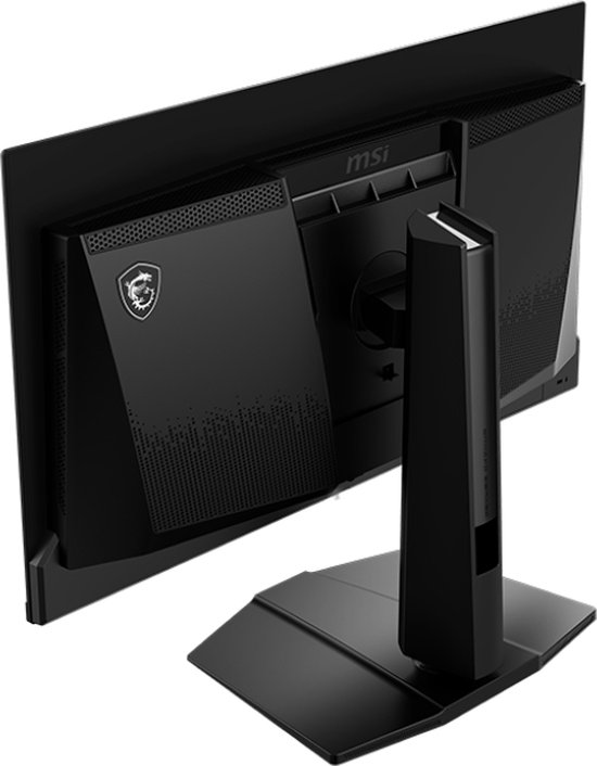 Achterkant van een zwarte MSI gaming monitor met ventilatieroosters en logo.