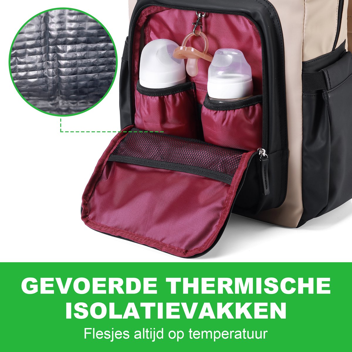 Brisby slijtvaste Luiertas – verzorgingstas - Two Tone Creme en Zwart PU - Inclusief Verschoonmatje - Isoleervakken - Met Geïntegreerde Kinderwagen haken thumbnail 5