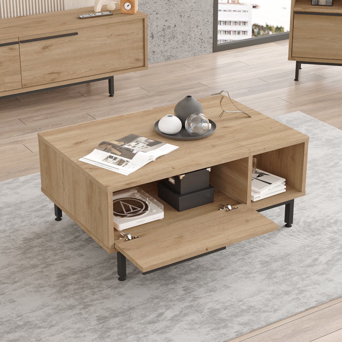 Salontafel Majaajoå 90x60x37,5 cm eikenkleurig en zwart [en.casa]