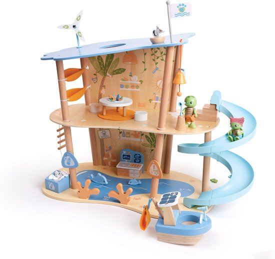 Houten speelgoed oceaan reddingsplayset met schildpadfiguren, boot, water en duikplank.