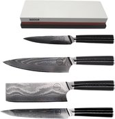 Sumisu Knives - Japanse messenset 4-delig incl. slijpsteen - Black collection - 100% damascus staal - Chefkok messenset - Geleverd in luxe geschenkdoos