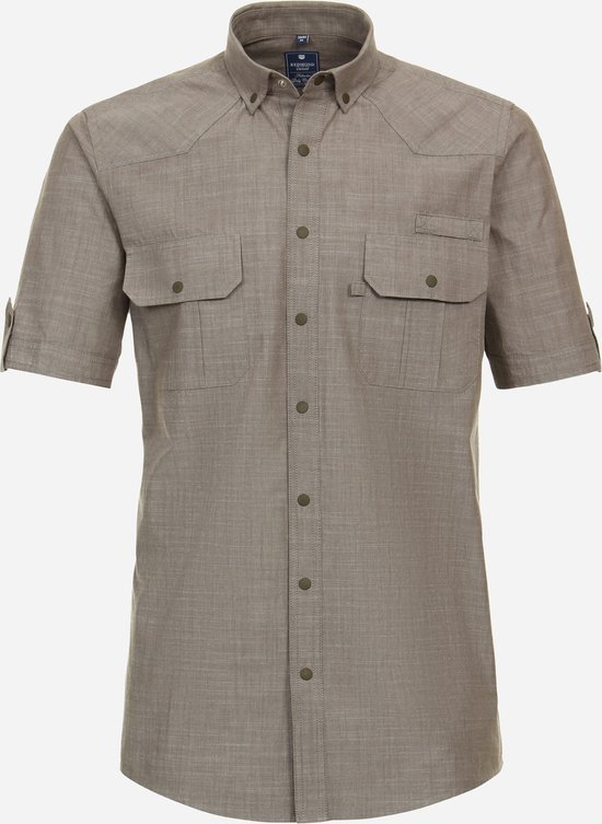 Redmond comfort fit overhemd - korte mouw - popeline - bruin - Strijkvriendelijk - Boordmaat: 47/48