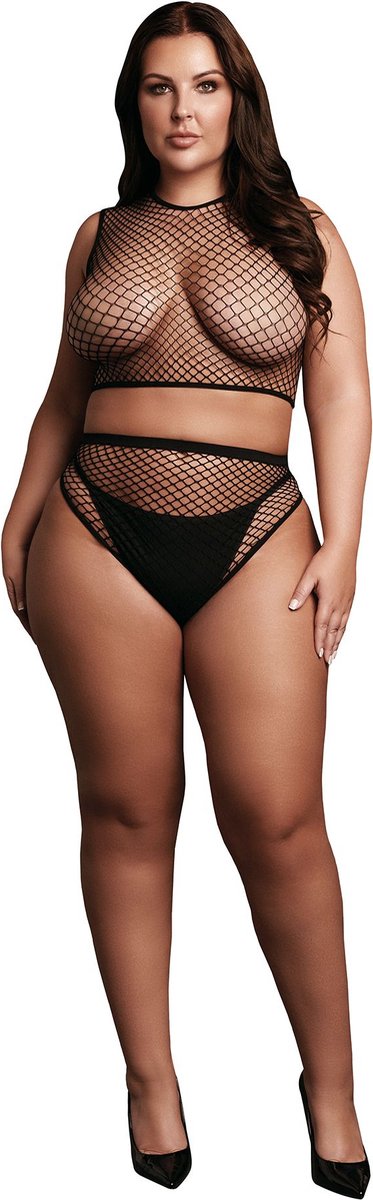 Goedkoopste 2 Pc Crop Top - Pantie and Fishnet Structure - OSX - Black