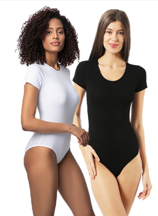 SOCKSTON-Bodyfashion 2 Stuks (Zwart&Wit) Dames bodysuit met korte mouwen -Zachte rekbare stof -Corrigerende bodysuit -Tank Body met haakjes sluiting-Maat XL