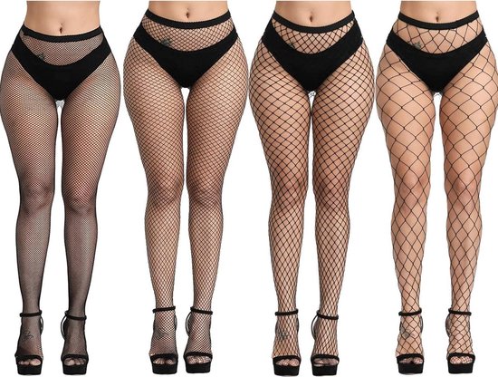 4 Delig - Sierlijke High Waist Fishnet Panty's - Fishnet Stockings - 4 Modellen - Verleidelijk en Comfortabel - dij hoge kousen - Set van 4 paar - Zwart