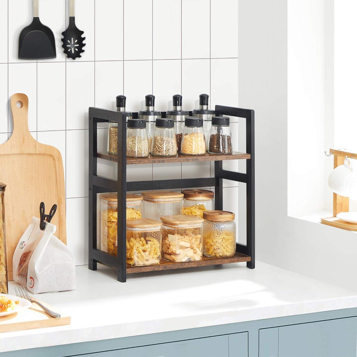 Kruidenrek 2-laags opbergrek bureau-organizer rustiek bruin en zwart - bamboe-frame — cadeau in Koken & Dineren - foto 4