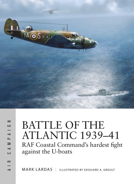 Vliegtuig met "UAOS" op de romp vliegt boven een onderzeeër in de oceaan. Titel: Battle of the Atlantic 1939-41.