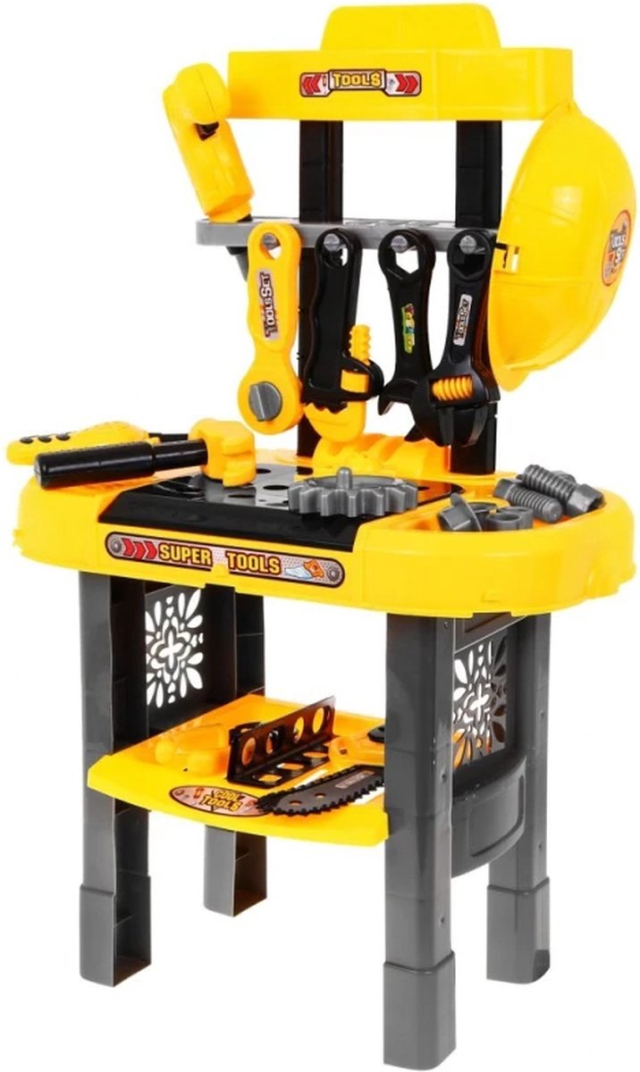 Playos® - Speelgoedwerkbank - Geel / Grijs - met Helm en Boormachine - inclusief Gereedschap - Klussen - Rollenspel Speelgoed - Educatief Speelgoed - Speelgoed Gereedschap - Werktafel - Werkbank -Bouwset — afbeelding 2