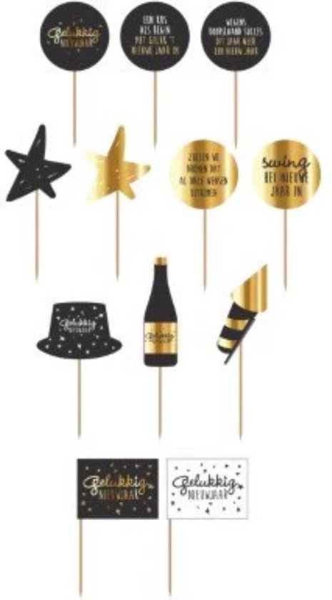 Set met 24 cocktailprikkers, 12 met gouden sterren op zwart en 12 met 'Gelukkig Nieuwjaar' op zwart of wit.