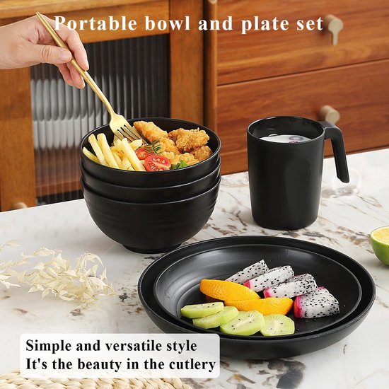 Plastic servies sets 24pcs voor 6, herbruikbare borden en kommen sets, schotel set omvatten diner borden, dessert bord, ontbijtgranen kommen, kopjes voor thuis, tuin, picknick, camping, zwart — afbeelding 3