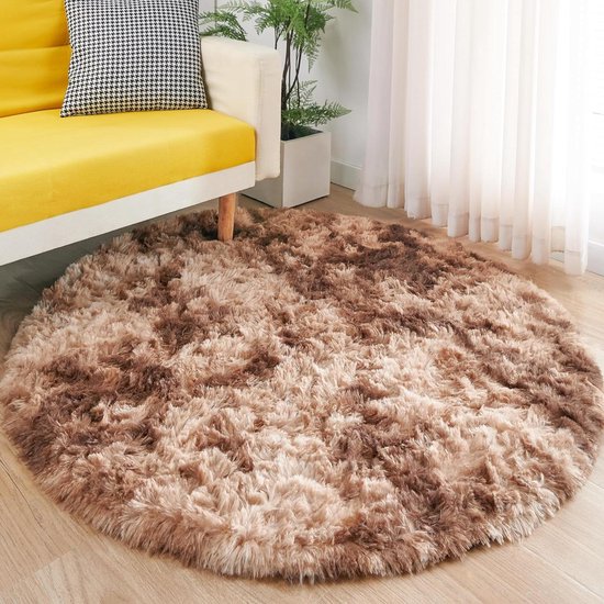 Hoogpolig bruin vloerkleed Ø 150 cm - Rond tapijt voor woonkamer of slaapkamer - Wasbaar bedmat - MARATIP vloerkleed