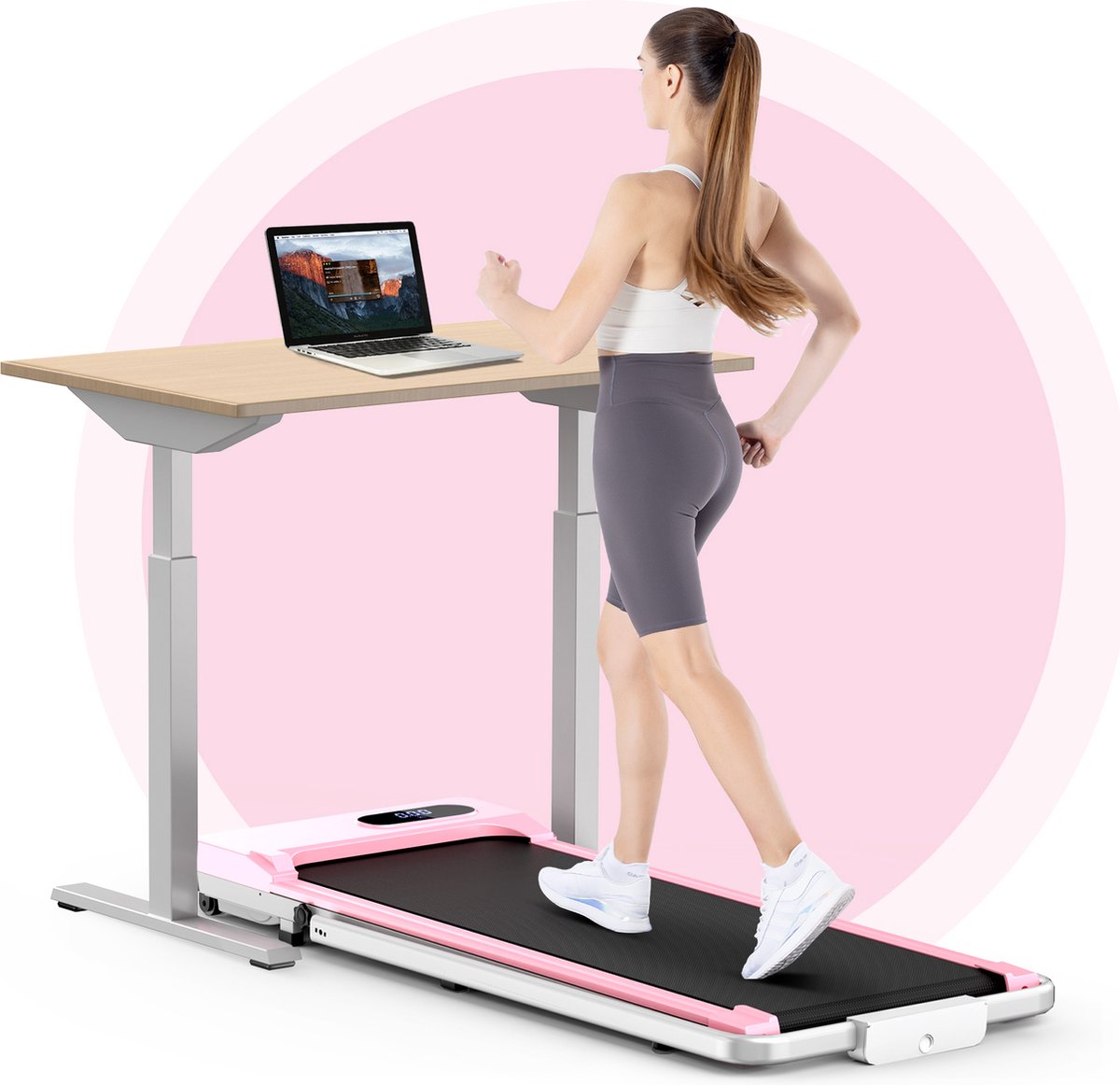 Afbeelding 2 van Loopband - Inklapbaar loopband Elektrisch met armleuningen, 1-8 km/u - met afstandsbediening en LCD-display - Walkingpad - Treadmill - Roze