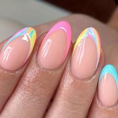 Nepnagels met Lijm - Roze - Blauw - Multicolor - French Manicure - Set - 24 stuks - Kort - Almond - Press on Nails - Nagellijm - Plaknagels - Nepnagels - Kunstnagels - Festival - Accesoires - Cadeau