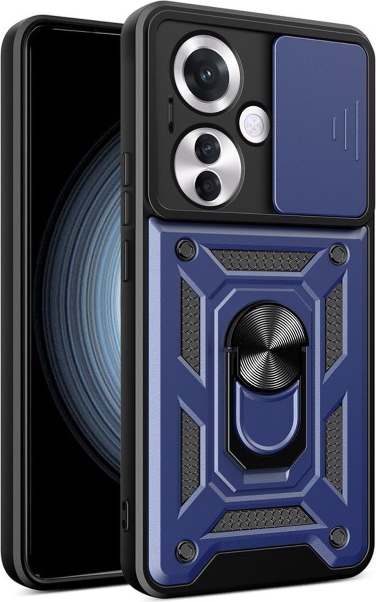 MobyDefend Hoesje - Geschikt voor Oppo Reno 11F - Pantsercase Met Draaibare Ring - Blauw