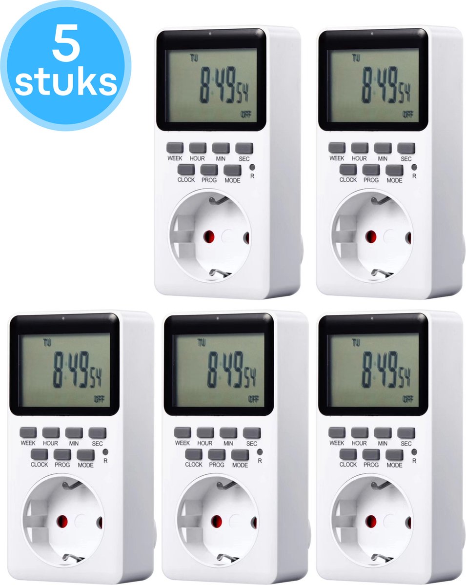 Membeli Tijdschakelaar voor Binnen - Makkelijk te monteren - Type F - Schakelklok Stopcontact - Digitaal - 5 stuks - Timer Schakelaar - LCD Display - Tijdschakelklok