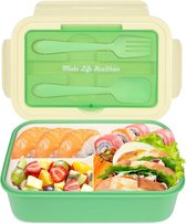 Bento lunchbox met 3 vakken - Groen - 1400 ml - Broodtrommel met bestek - Snackbox voor school, werk, picknick