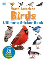 Boek "North American Birds Ultimate Sticker Book" met afbeeldingen van een kardinaal, uil, kolibrie, pinguïn, eend en andere vogels. Met "meer dan 60 herbruikbare stickers".