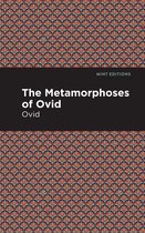 Couverture de 'The Metamorphoses of Ovid' par Ovid, avec un fond bleu foncé orné d'un motif art déco rouge et vert.