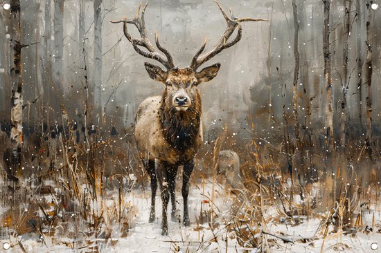 Hert tuinposter - Dier posters - Tuinposters Sneeuw - Wanddecoratie tuin - Tuinaccesoires voor aan de muur - Tuin decoratie voor buiten tuinposter 105x70 cm