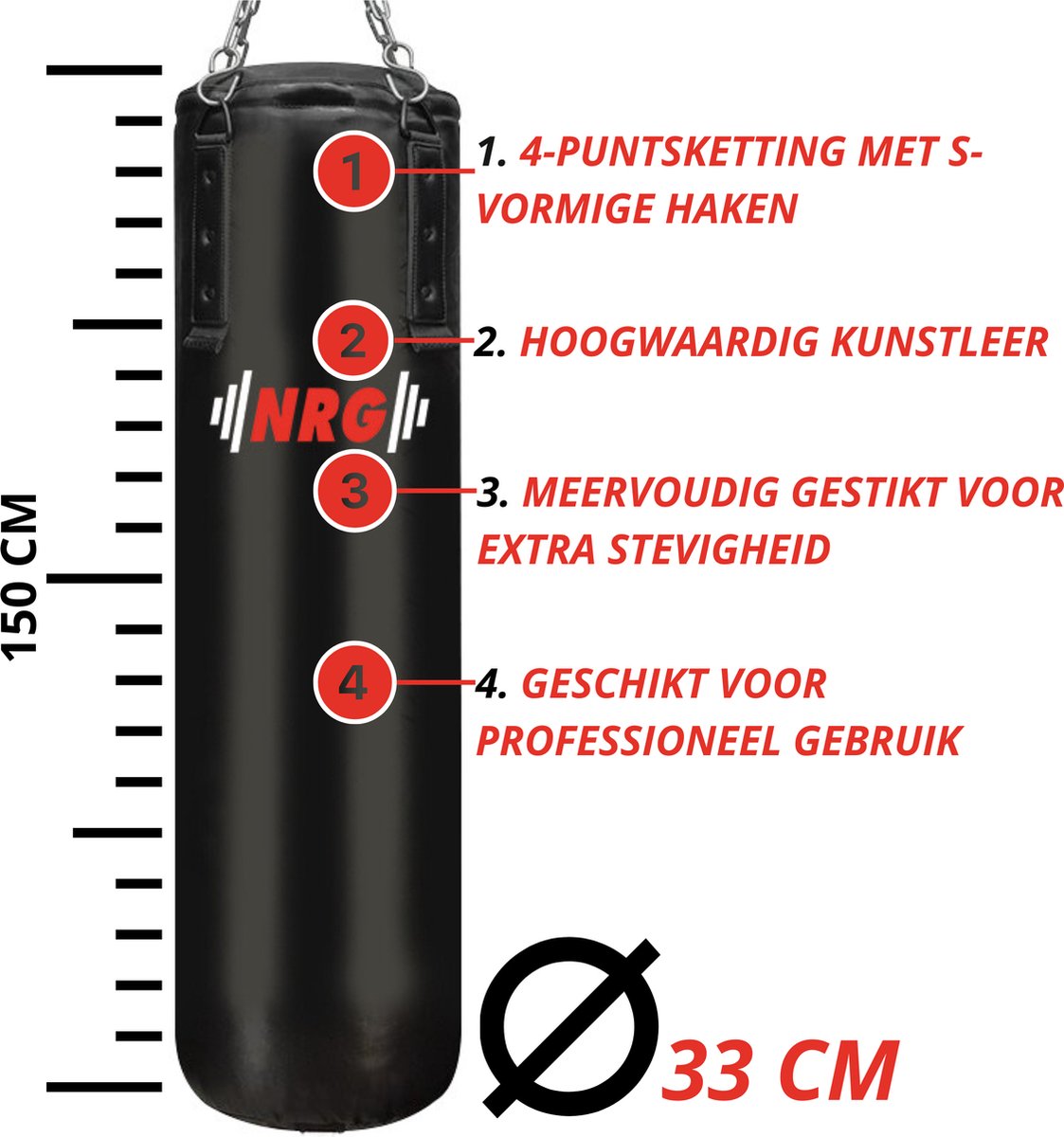 NRG Boxing F9B - Bokszak - 150 cm - Kunstleer - Zwart - incl 4-punts ophangketting
