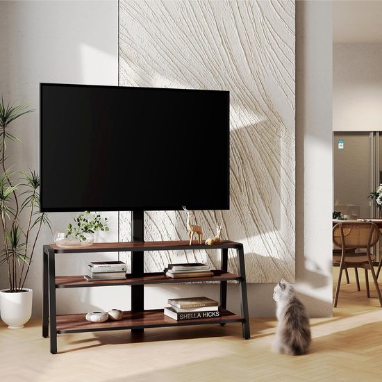 FITUEYES TV-vloerstandaard Met Houten Basis – Voor 32 Tot 75 Inch, VESA Tot 600x400 Mm, 60° Draaibaar, 6 Hoogtes Instelbaar, Wit, Max. 30 Kg, Kabelmanagement