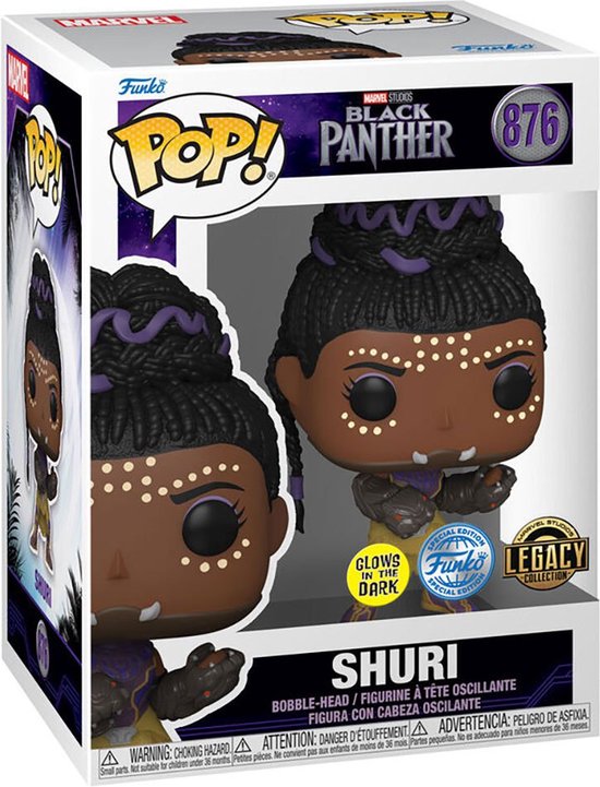 Funko Pop Shuri 876 figuur, gloeit in het donker, met paarse accenten en gouden sieraden.