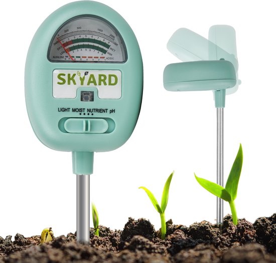 Foto: Skyard 4 in 1 vochtmeter planten vochtigheidsmeter planten meet vocht ph licht en nutri nten 4 in 1 tuinaarde testen mint groen