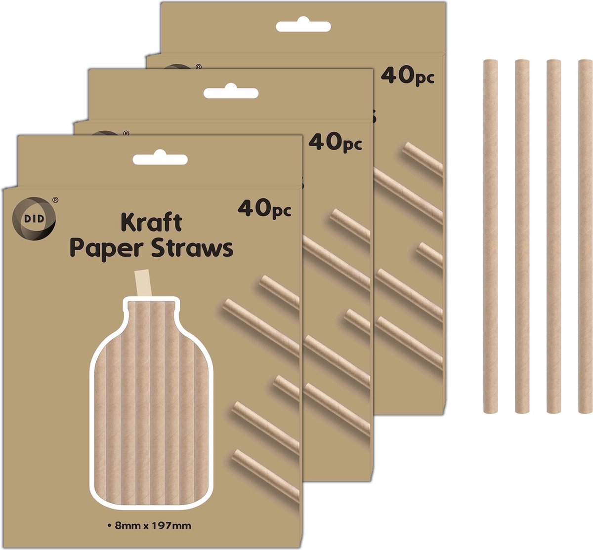 DID Kraftpapier rietjes - 120x stuks - naturel - 20cm x 0.8cm - drinkrietjes - wegwerprietjes