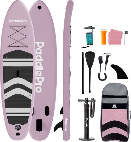LifeGoods PaddlePro SUP Board - Opblaasbaar Paddle Board - Complete Set - Max. 135KG - 320x81cm - Rose