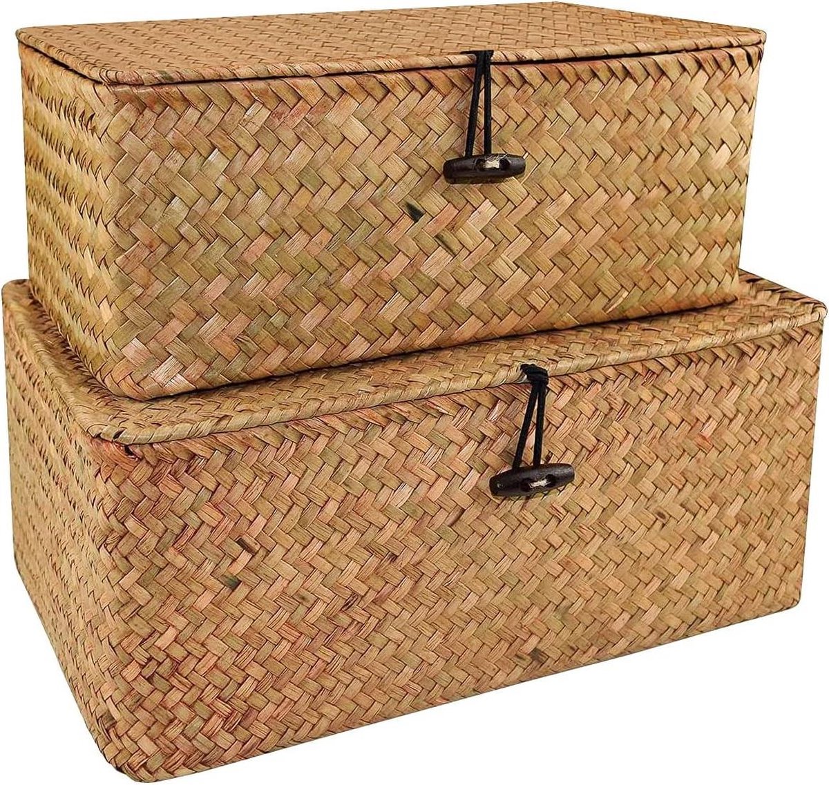 Gevlochten rotan opbergdoos met deksel - Zeegras wasmanden - Make-up organizer - Voor badkamer en woonkamer - Decoratieve mand met handgrepen Wicker Storage Basket (2-5)