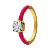 Lucardi Dames Stalen goldplated ring met fuchsia en zirkonia - Ring - Staal - Goud - 18 / 57 mm