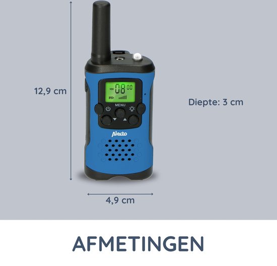 Afmetingen van de blauwe Alecto walkietalkie: 12,9 cm hoog, 4,9 cm breed, 3 cm diep.