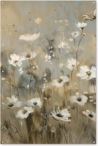 Tuinposter 120x180 cm - Tuindecoratie Bloemen - Wit - Natuur - Grijs - Modern - Poster voor in de tuin - Buiten decoratie - Schutting tuinschilderij - Tuindoek muurdecoratie - Wanddecoratie balkondoek