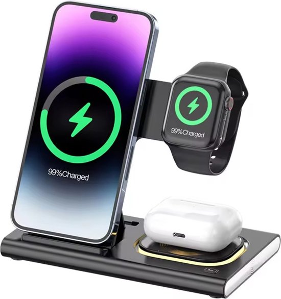 Foto: Zinly 3 in 1 draadloze oplader 15w snellader nachtlampje opvouwbaar geschikt voor iphone 8 15 android smartphones iwatch airpods samsung galaxy buds gsm lader wireless charger