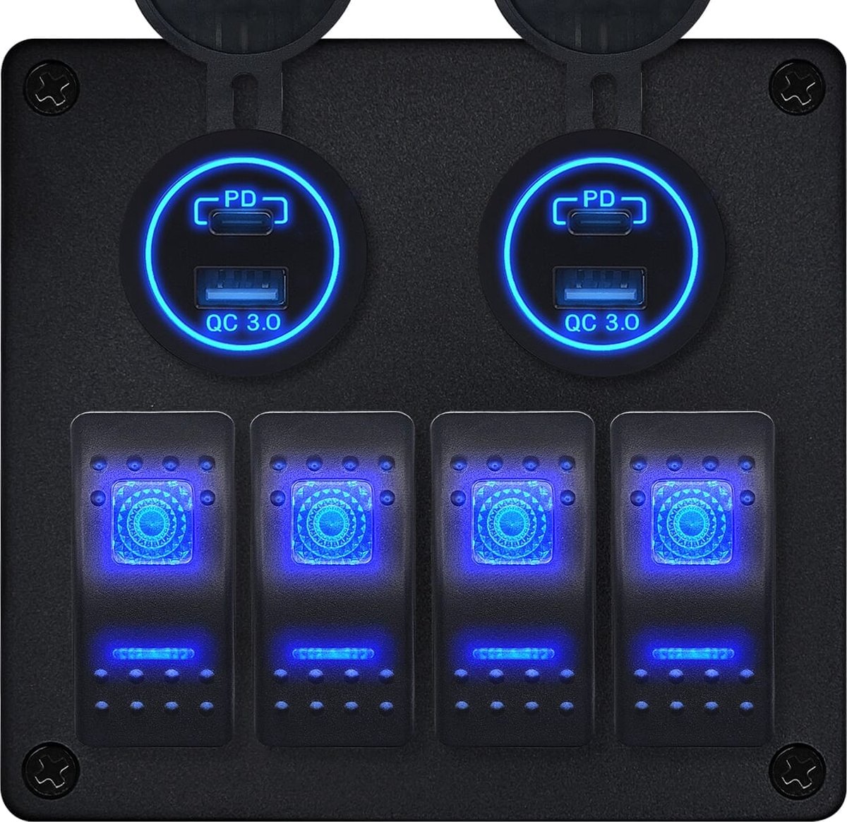 ProRide Schakelpaneel 12V voor Auto/Boot - USB/USB C Stopcontact 4 Poorten - QC3.0 - 4 schakelaars - Blauw