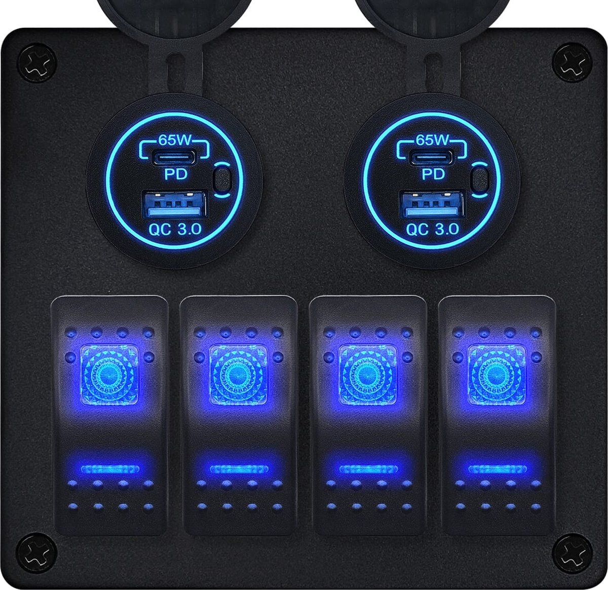 ProRide Schakelpaneel 12V voor Auto/Boot - USB/USB C Stopcontact 4 Poorten met Schakelaar - 65W - QC3.0 - 4 schakelaars - Blauw