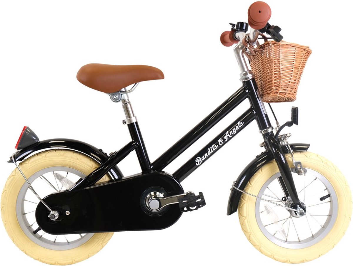 Bandits & Angels Kinderfiets 12 inch Retro Rider zwart vanaf 3 jaar - Metalen Kinder Fiets voor Jongens en Meisjes - Inclusief Stuurmand - Verstelbaar zadel en stuur - 12 inch Luchtbanden