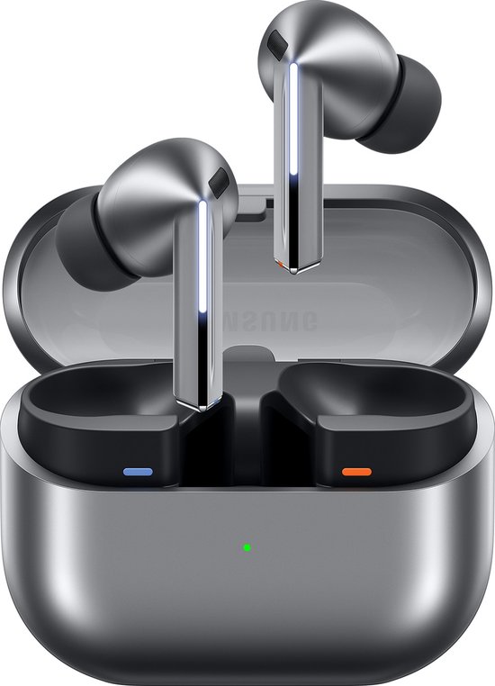Grijze Samsung Galaxy Buds3 Pro met lichtgevende stelen in open oplaadcase.