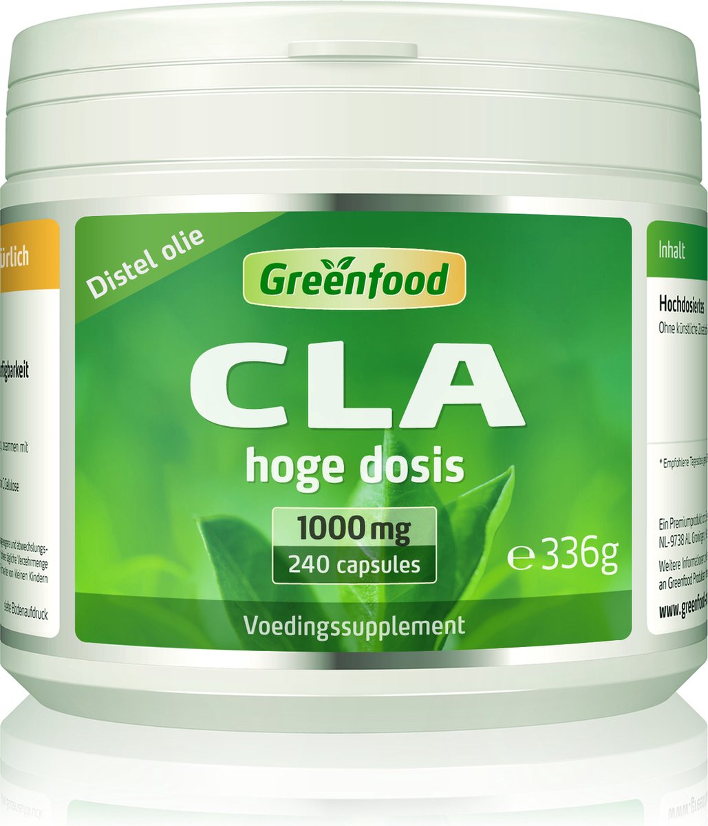 Goedkoopste Greenfood CLA, 1000 mg, 240 capsules, hooggedoseerd, geconjugeerd linolzuur uit saffloerolie - zonder kunstmatige toevoegingen, zonder GGO.