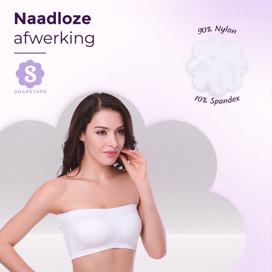 Mannequin aux cheveux foncés portant un soutien-gorge bandeau blanc sans coutures. Texte "Finition sans coutures" et informations sur le matériau (90% Nylon, 10% Spandex).