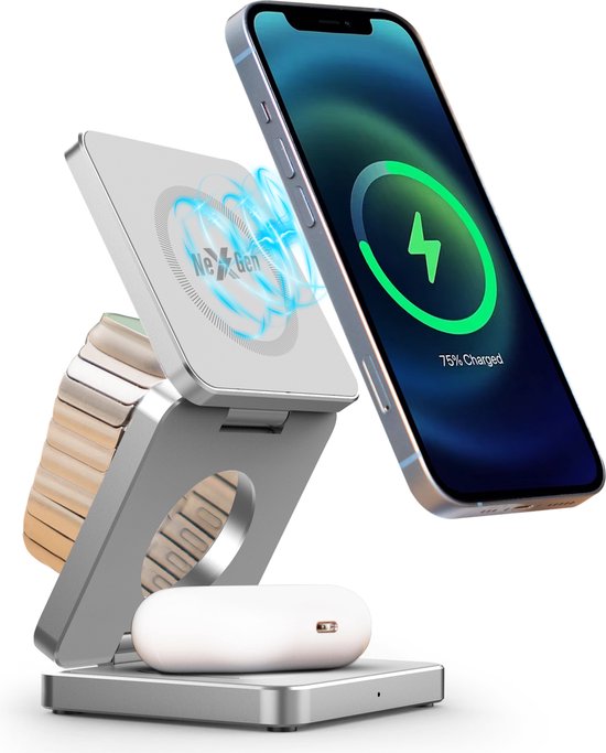 NexGen 3 in 1 Draadloze Oplader - 15W Iphone Oplader - MagSafe - Opvouwbaar Oplaadstation - Iphone 16/15/14/13/12 - Snellader Iphone - Wireless Charger - Apple Watch - Airpods - Zilver